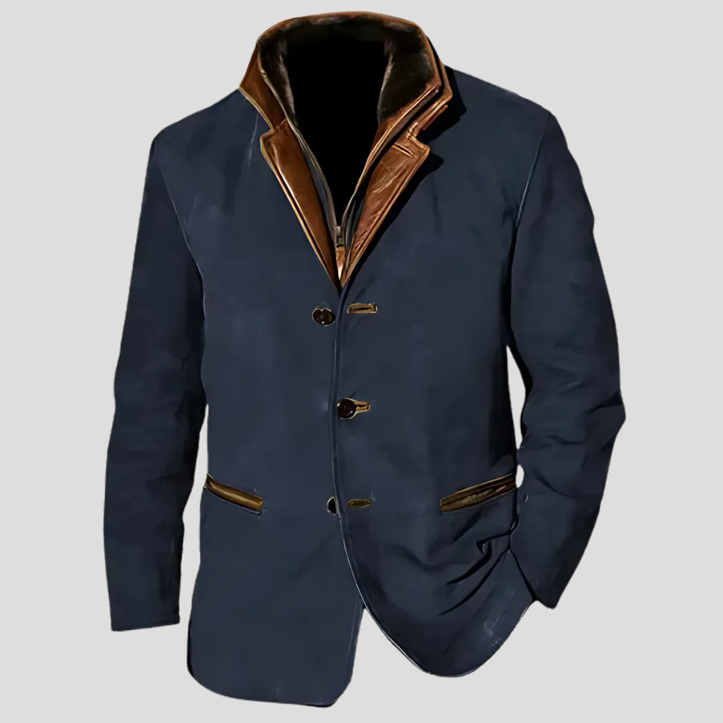 "Veste rétro homme à col contrasté, style raffiné en polyester, idéale pour printemps/automne, disponibles tailles S-5XL."
