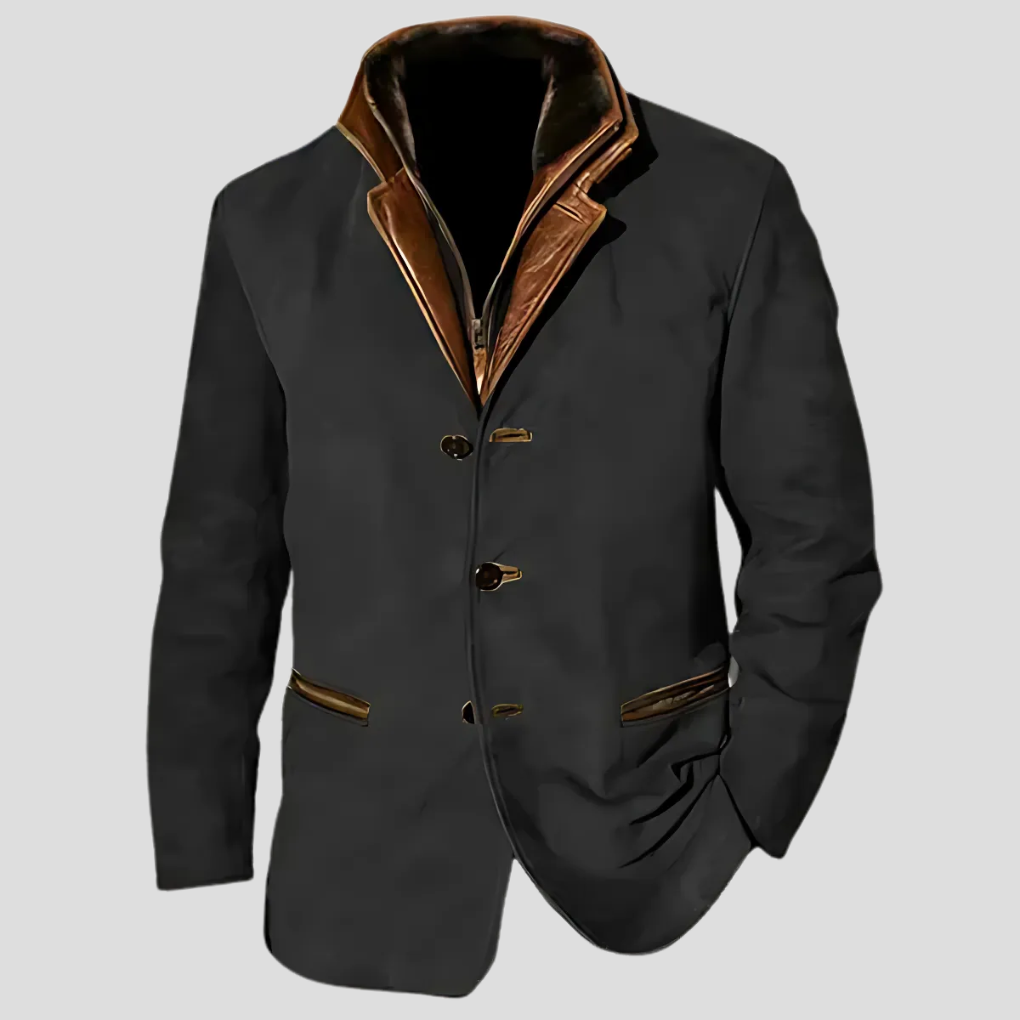 "Veste rétro homme à col contrasté, style raffiné en polyester, idéale pour printemps/automne, disponibles tailles S-5XL."