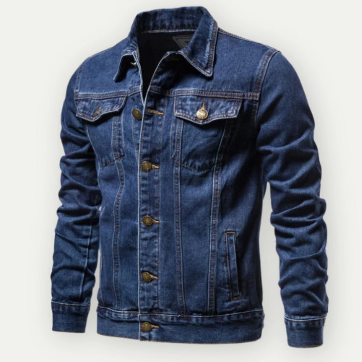 "Veste trucker en denim pour hommes, coupe classique, poignets réglables, bleue, élégante et robuste pour look urbain."