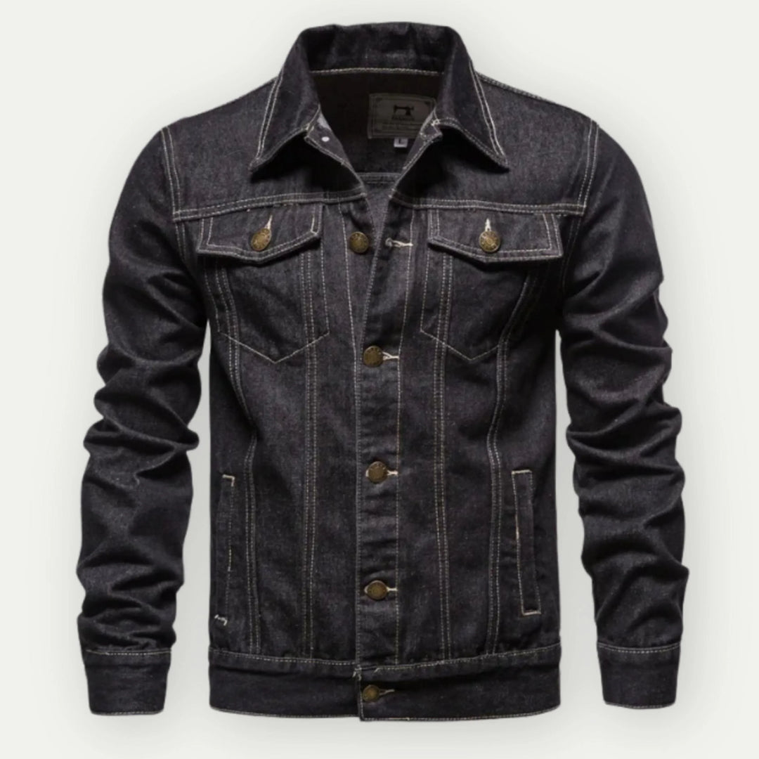 "Veste trucker en denim pour hommes, coupe classique, poignets réglables, bleue, élégante et robuste pour look urbain."