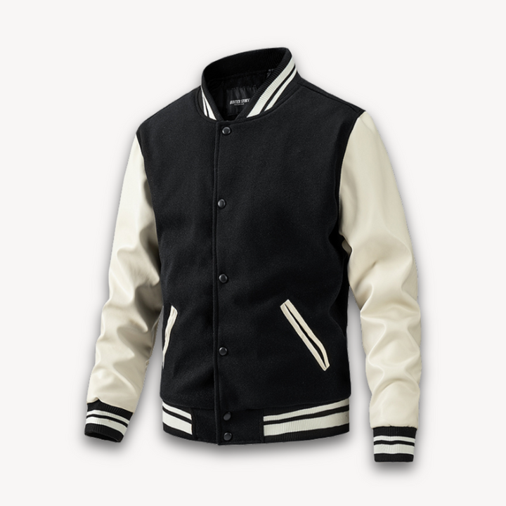 "Veste universitaire homme, manches effet cuir, coupe décontractée, bleu marine, idéale mi-saison, style chic et sportif."