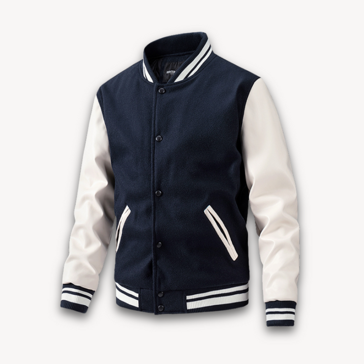 "Veste universitaire homme, manches effet cuir, coupe décontractée, bleu marine, idéale mi-saison, style chic et sportif."