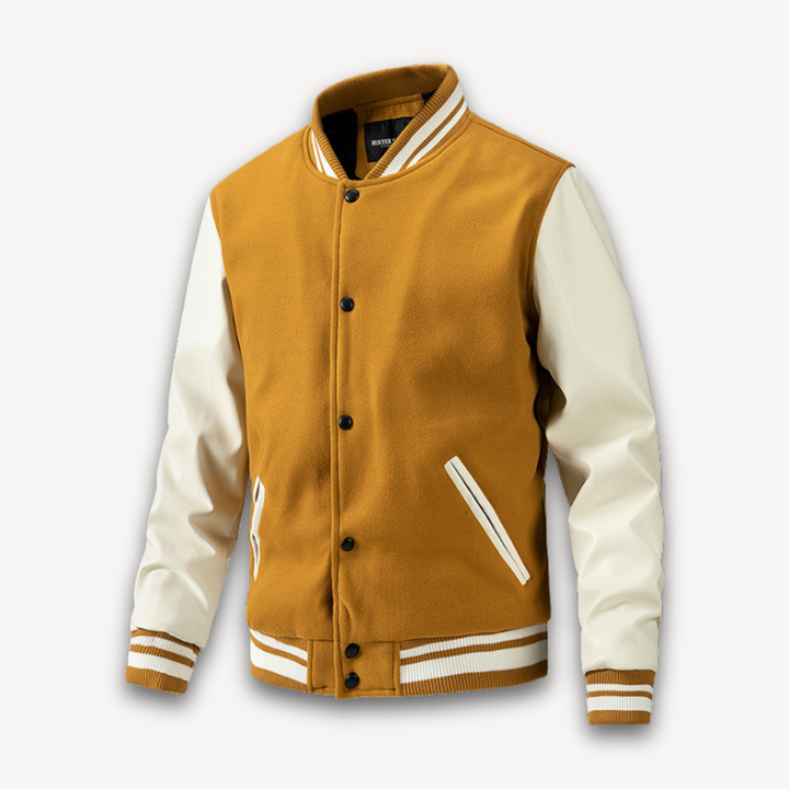 "Veste universitaire homme, manches effet cuir, coupe décontractée, bleu marine, idéale mi-saison, style chic et sportif."