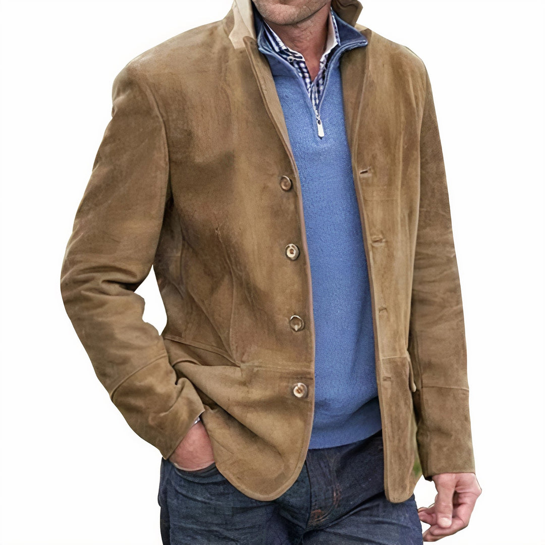 "Veste vintage élégante homme bleu marine, manches longues, col rabattu, coupe ajustée, détails poches stylisées"
