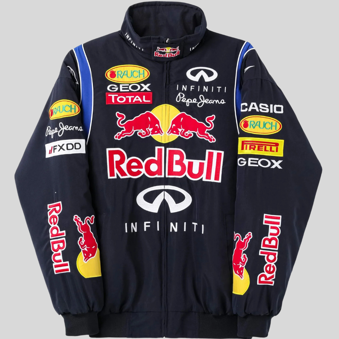 "Veste vintage F1 avec détails rétro, design élégant et authentique, pour passionnés de sport automobile."