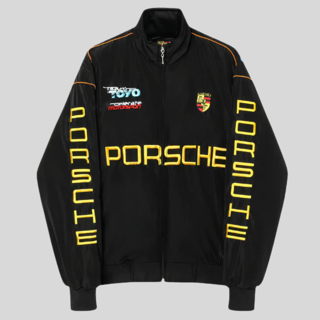 "Veste vintage style course automobile, coupe ergonomique, design rétro chic, pour hommes."