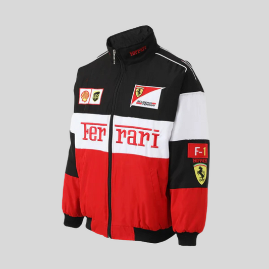 "Veste vintage unisexe rouge racing style Ferrari, design distinctif, inspirée conducteur Formule 1. Pour fans voiture rétro.