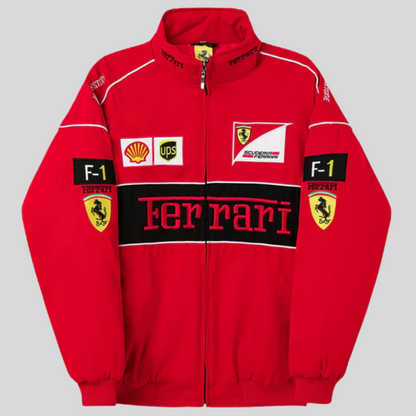 "Veste vintage unisexe rouge racing style Ferrari, design distinctif, inspirée conducteur Formule 1. Pour fans voiture rétro.