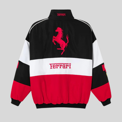 "Veste vintage unisexe rouge racing style Ferrari, design distinctif, inspirée conducteur Formule 1. Pour fans voiture rétro.