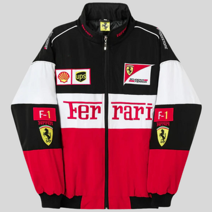"Veste vintage unisexe rouge racing style Ferrari, design distinctif, inspirée conducteur Formule 1. Pour fans voiture rétro.
