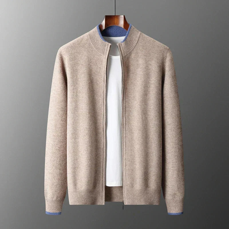 "Veste zippée pour homme en cachemire, élégante et chaleureuse, idéale pour temps frais, facile à combiner et entretenir."