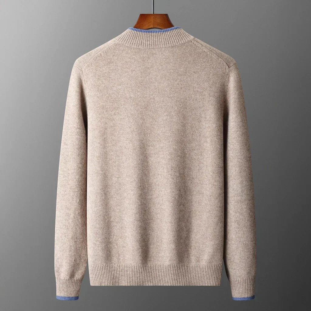 "Veste zippée pour homme en cachemire, élégante et chaleureuse, idéale pour temps frais, facile à combiner et entretenir."