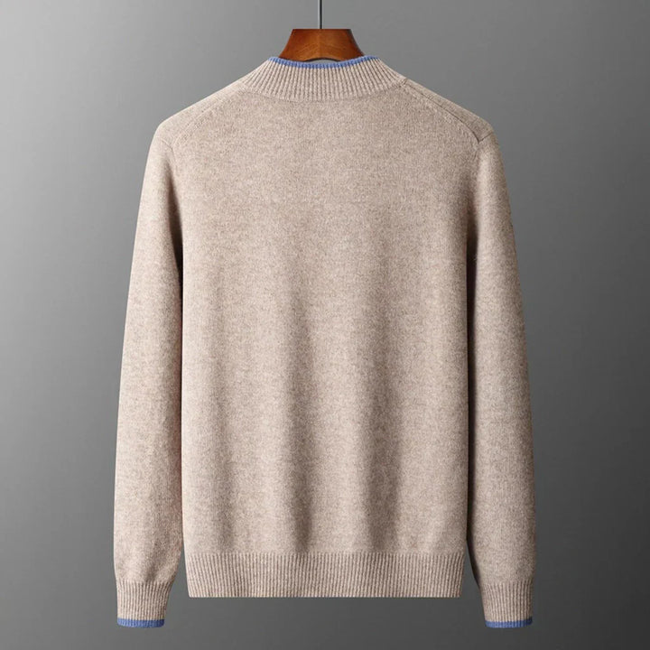 "Veste zippée pour homme en cachemire, élégante et chaleureuse, idéale pour temps frais, facile à combiner et entretenir."
