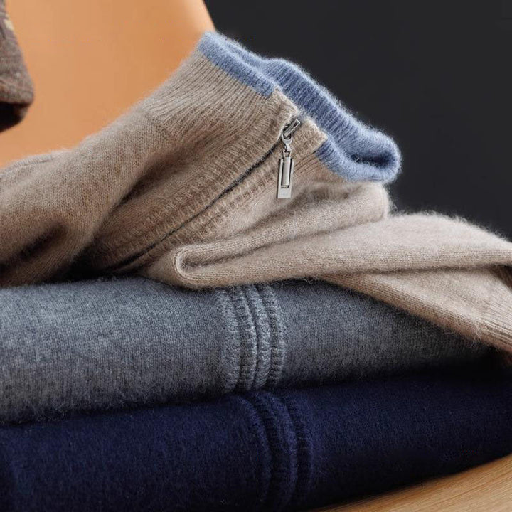 "Veste zippée pour homme en cachemire, élégante et chaleureuse, idéale pour temps frais, facile à combiner et entretenir."