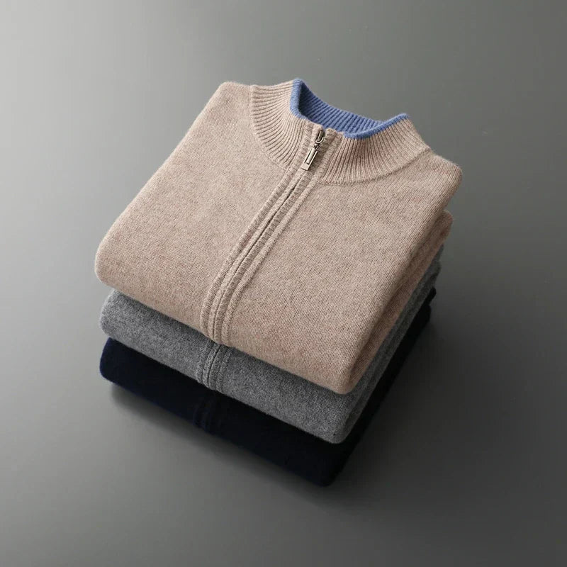 "Veste zippée pour homme en cachemire, élégante et chaleureuse, idéale pour temps frais, facile à combiner et entretenir."