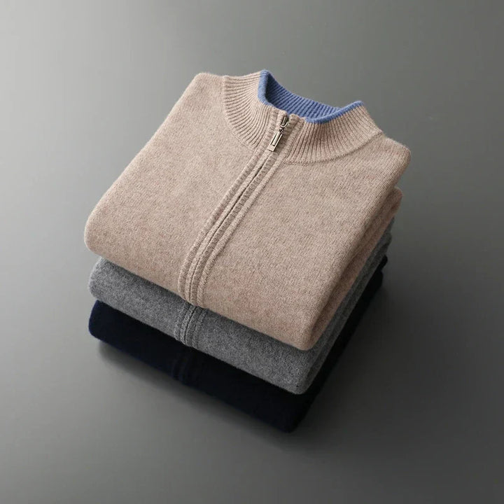 "Veste zippée pour homme en cachemire, élégante et chaleureuse, idéale pour temps frais, facile à combiner et entretenir."