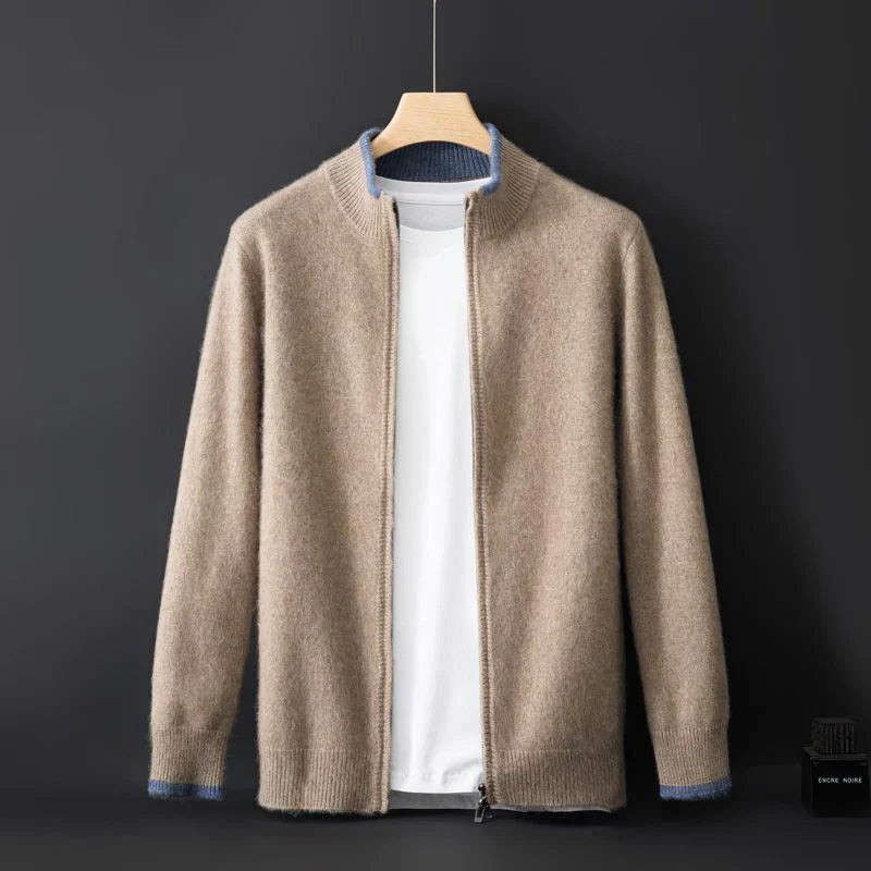 "Veste zippée pour homme en cachemire, élégante et chaleureuse, idéale pour temps frais, facile à combiner et entretenir."