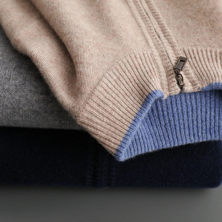 "Veste zippée pour homme en cachemire, élégante et chaleureuse, idéale pour temps frais, facile à combiner et entretenir."