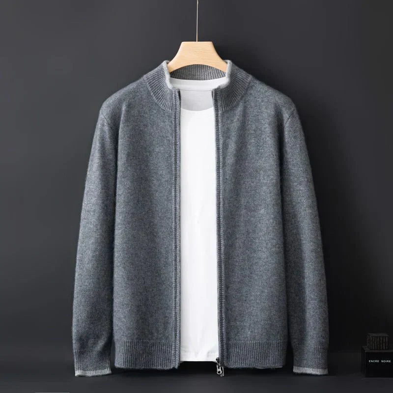 "Veste zippée pour homme en cachemire, élégante et chaleureuse, idéale pour temps frais, facile à combiner et entretenir."