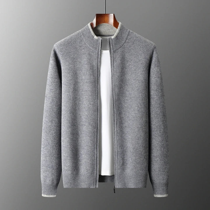 "Veste zippée pour homme en cachemire, élégante et chaleureuse, idéale pour temps frais, facile à combiner et entretenir."