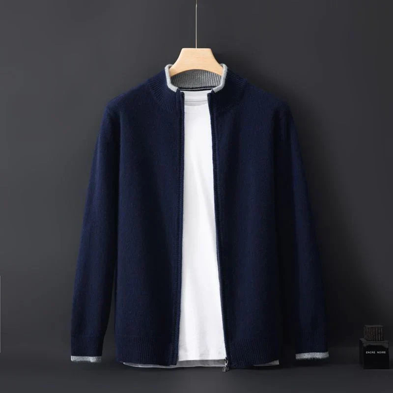 "Veste zippée pour homme en cachemire, élégante et chaleureuse, idéale pour temps frais, facile à combiner et entretenir."