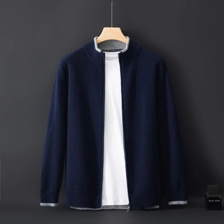 "Veste zippée pour homme en cachemire, élégante et chaleureuse, idéale pour temps frais, facile à combiner et entretenir."