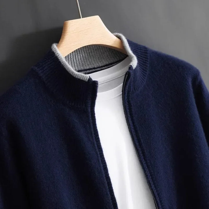 "Veste zippée pour homme en cachemire, élégante et chaleureuse, idéale pour temps frais, facile à combiner et entretenir."