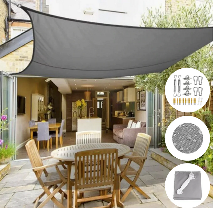 Voile d’ombrage beige élégante pour terrasses, résistante UV, offrant protection solaire et touche sophistiquée à l’extérieur