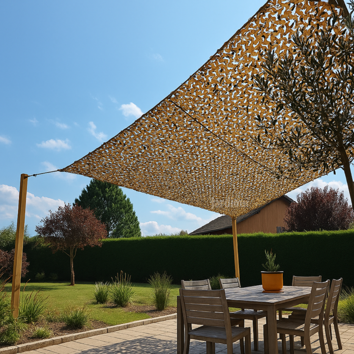 "Voile d'ombrage extérieure camouflage 3D, résistante aux UV, légère, facile à installer, pour pergola ou camping."