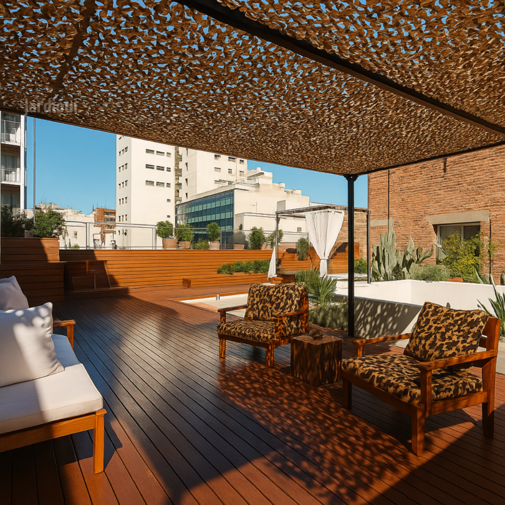 "Voile d'ombrage extérieure camouflage 3D, résistante aux UV, légère, facile à installer, pour pergola ou camping."