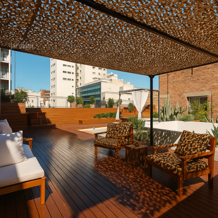 "Voile d'ombrage extérieure camouflage 3D, résistante aux UV, légère, facile à installer, pour pergola ou camping."