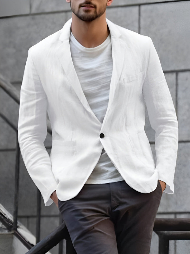 "Vue blazer décontracté homme, coupe droite chic, boutonnage simple, col costume élégant, pour toutes saisons."