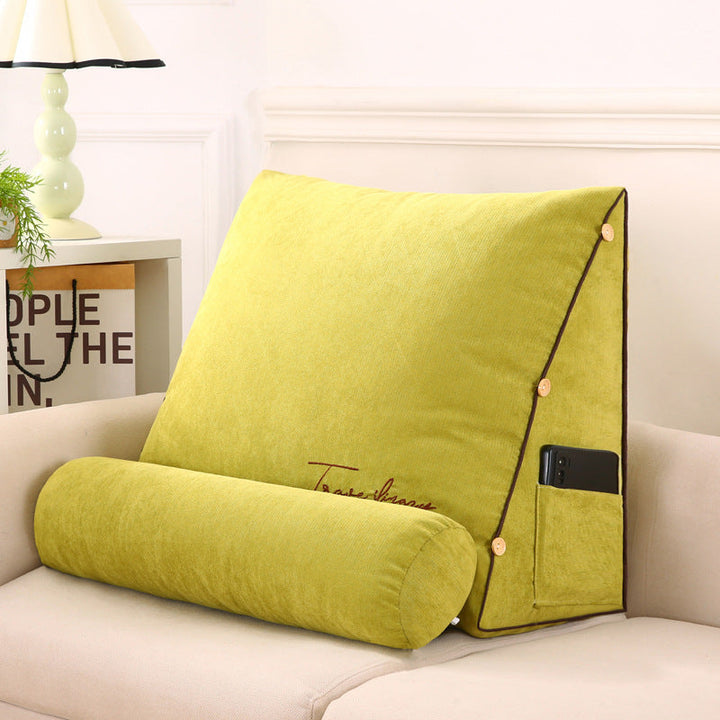"Vue de face du coussin de soutien dorsal ergonomique en forme de coin avec poches latérales, tissu doux et respirant."