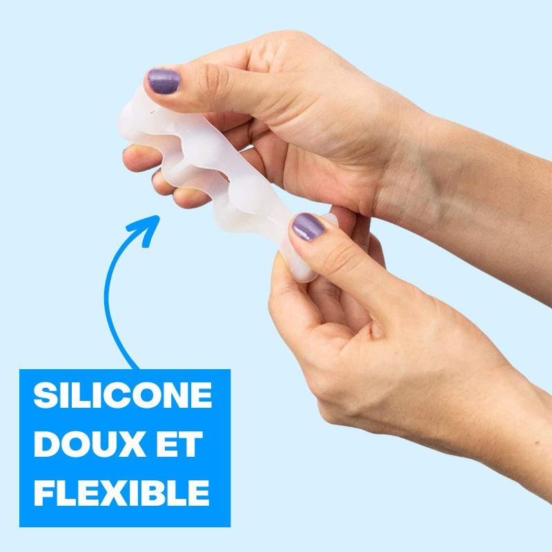 "Vue d'un séparateur d'orteils en silicone blanc, apportant soulagement et confort pour un alignement optimal des pieds."