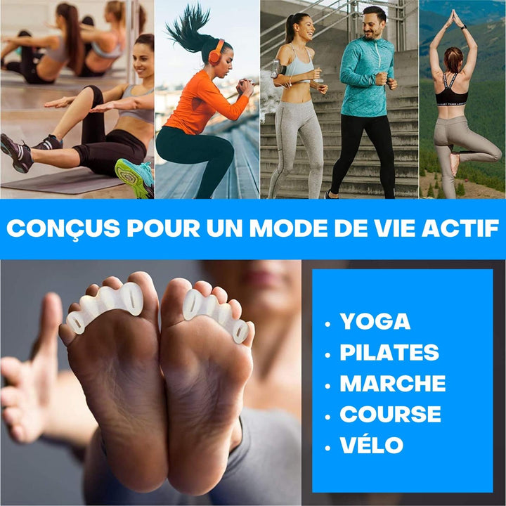 "Vue d'un séparateur d'orteils en silicone blanc, apportant soulagement et confort pour un alignement optimal des pieds."